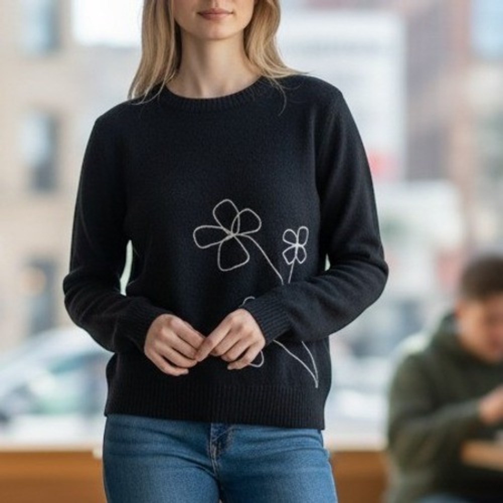 LOFT Outlet (Sweater) (MP) Black EXCELLENT Floral Embroidered Petite Knit Top